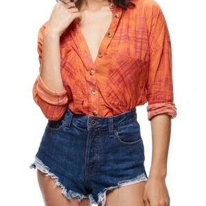 Free people shore vibes Sunset orange plaid long sleeve shirt small button down
